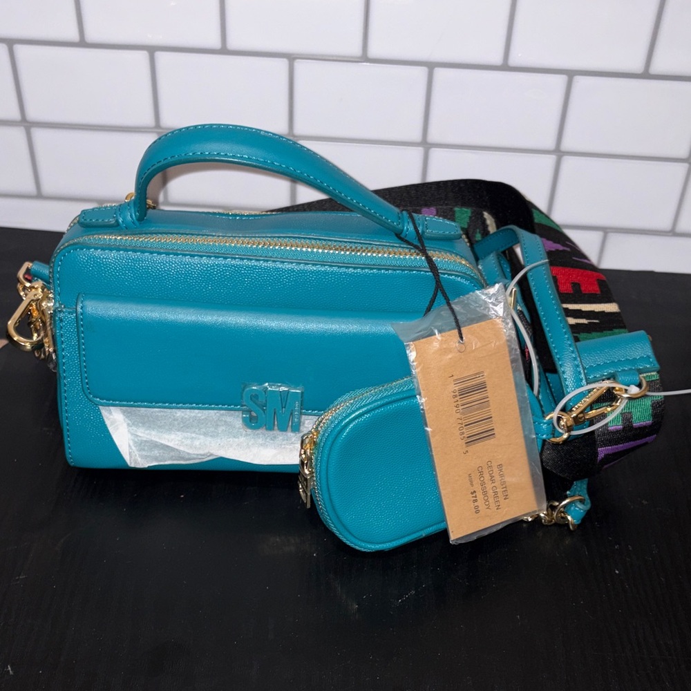 Steve Madden Teal Crossbody Bag with Patterned Strap and Coin Pouch